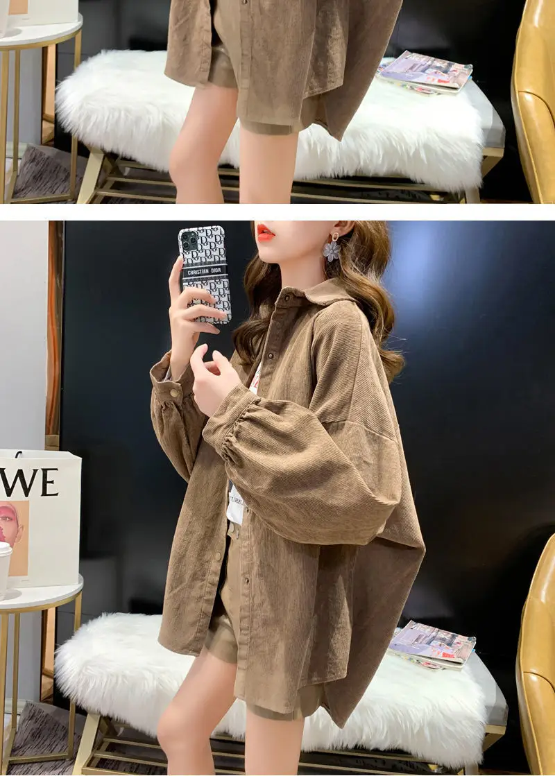 Women Korean Commuter Coat Corduroy Lapel Long Sleeve Shirt — feature 12