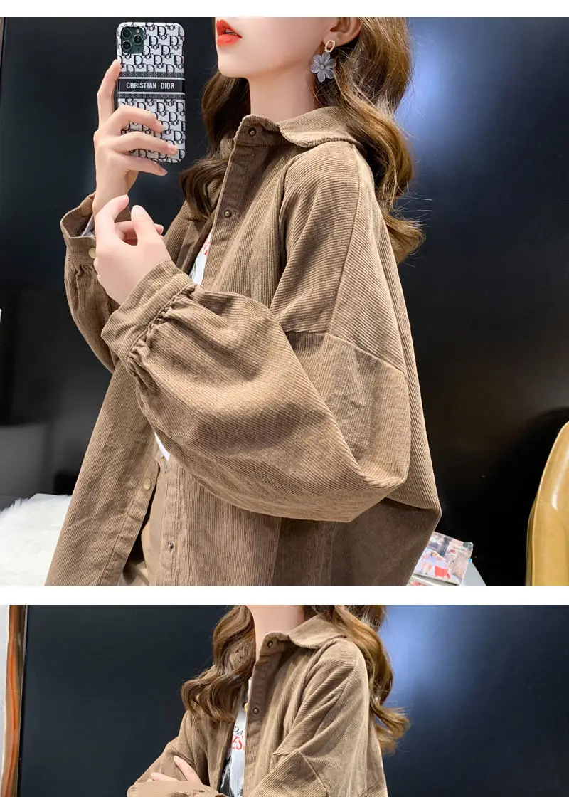 Women Korean Commuter Coat Corduroy Lapel Long Sleeve Shirt — feature 13