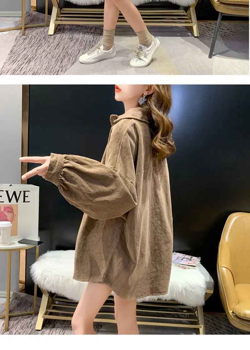 Women Korean Commuter Coat Corduroy Lapel Long Sleeve Shirt — feature 15