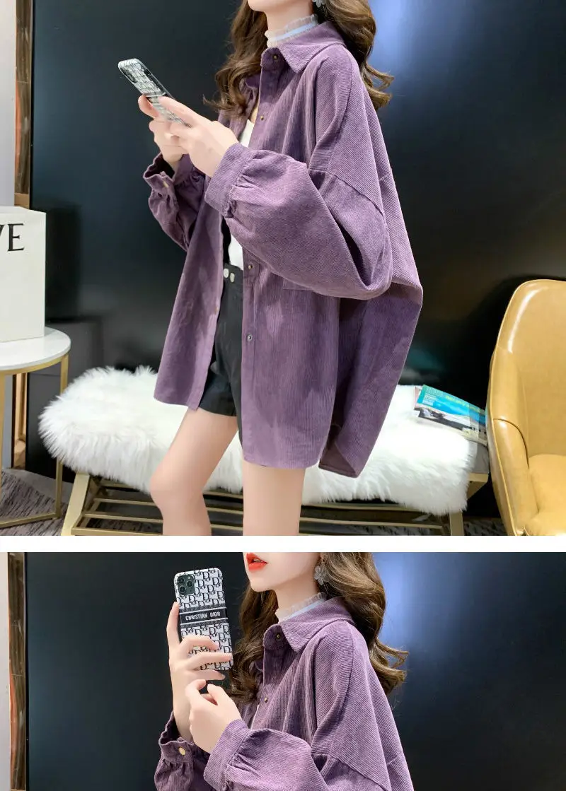 Women Korean Commuter Coat Corduroy Lapel Long Sleeve Shirt — feature 2