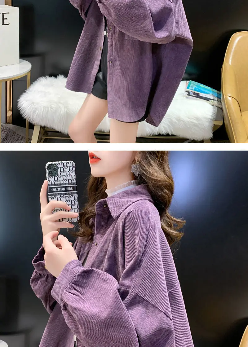 Women Korean Commuter Coat Corduroy Lapel Long Sleeve Shirt — feature 3