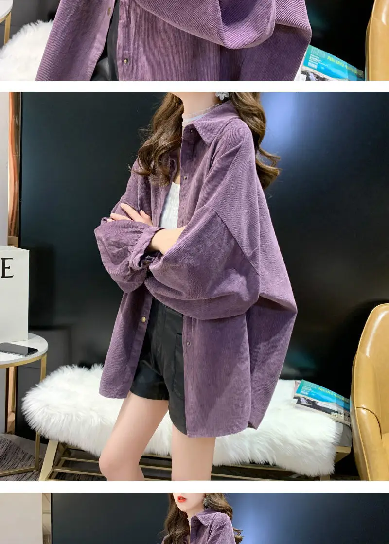 Women Korean Commuter Coat Corduroy Lapel Long Sleeve Shirt — feature 4