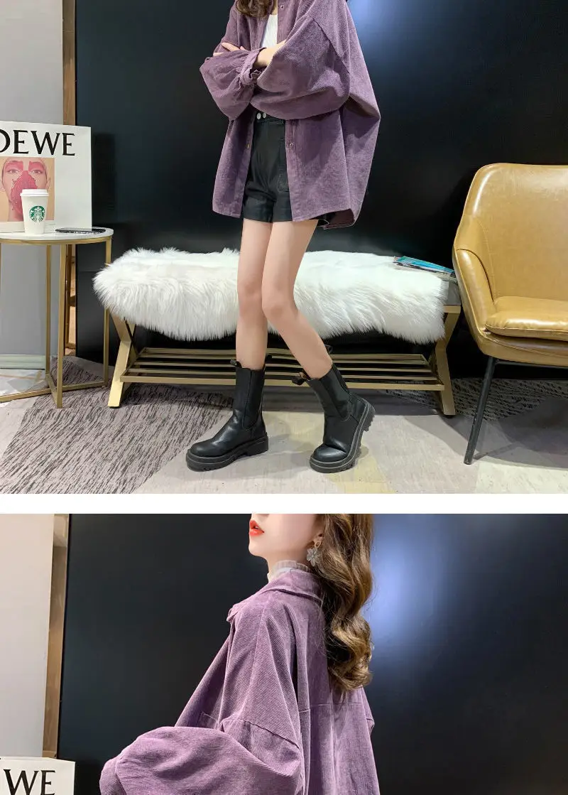 Women Korean Commuter Coat Corduroy Lapel Long Sleeve Shirt — feature 5