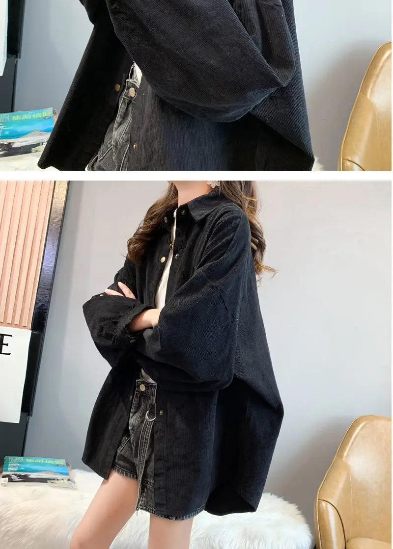 Women Korean Commuter Coat Corduroy Lapel Long Sleeve Shirt — feature 9