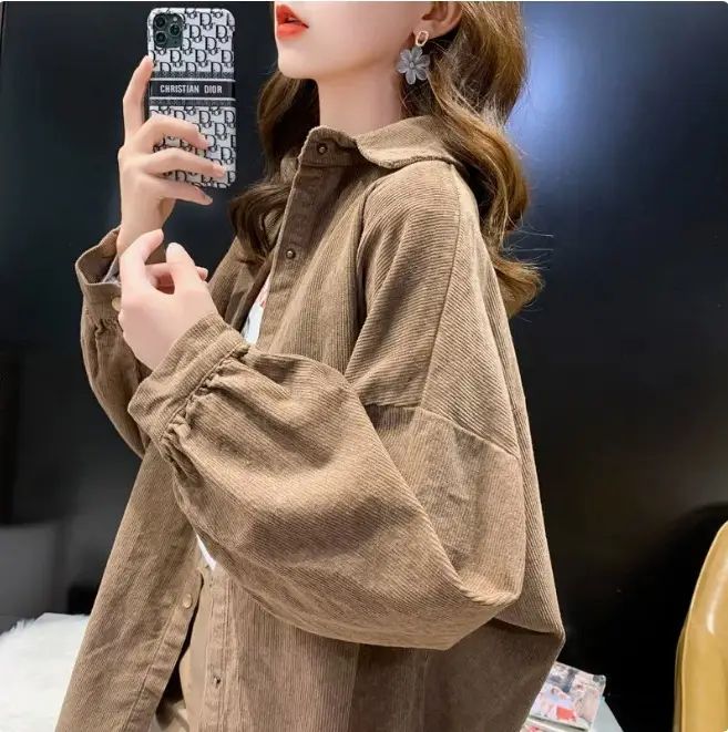 Women Korean Commuter Coat Corduroy Lapel Long Sleeve Shirt - Image 2