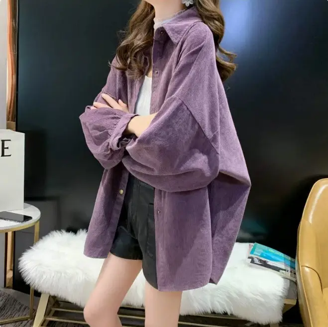 Women Korean Commuter Coat Corduroy Lapel Long Sleeve Shirt - Image 3