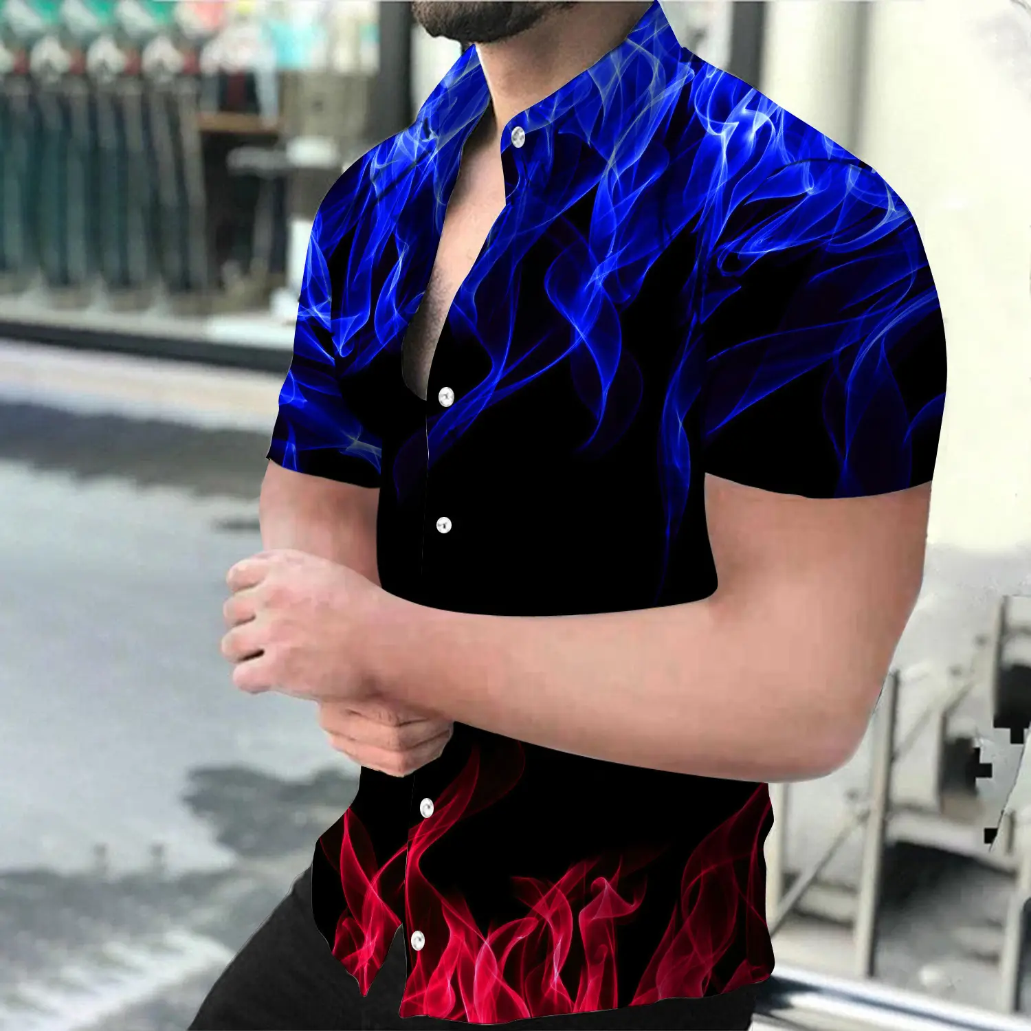 Men Black Flame Short Sleeve Shirt Large - Image 35