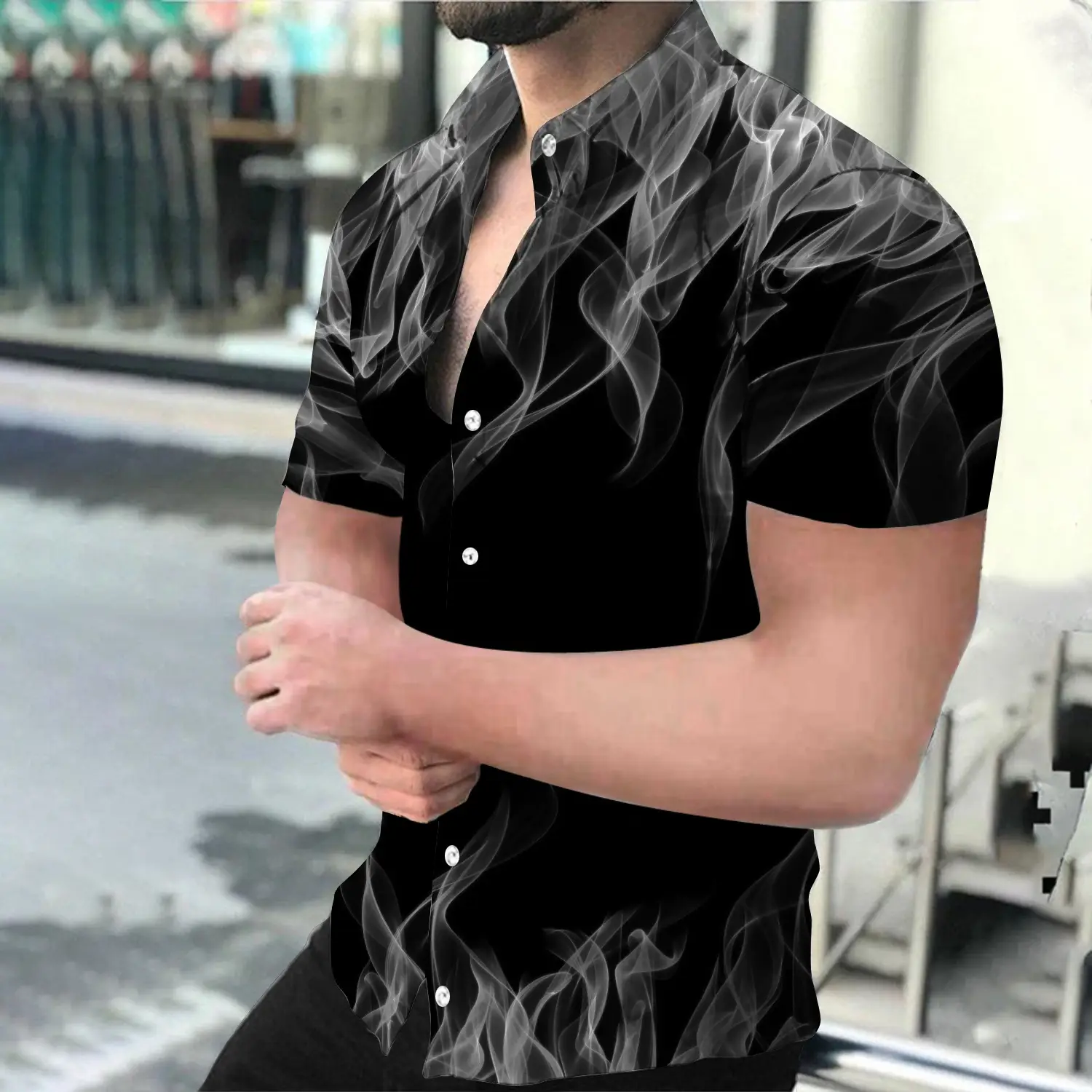 Men Black Flame Short Sleeve Shirt Large - Image 4