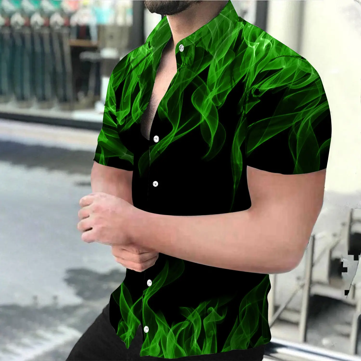 Men Black Flame Short Sleeve Shirt Large - Image 6