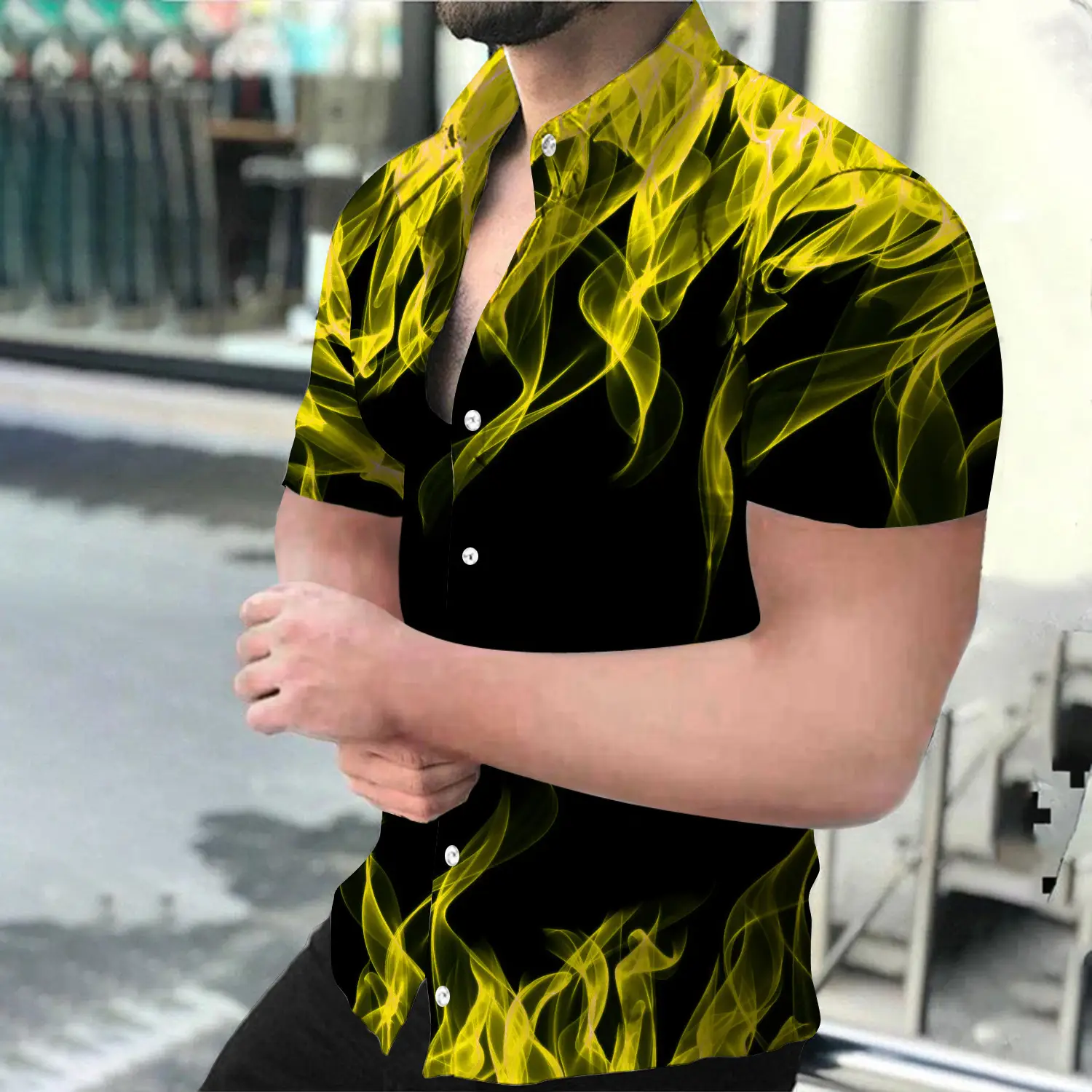 Men Black Flame Short Sleeve Shirt Large - Image 7