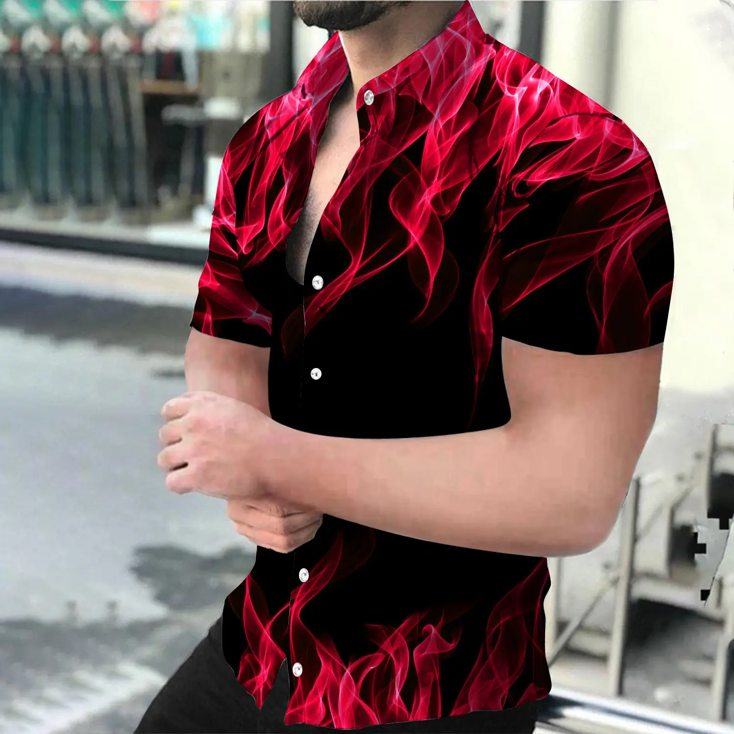 Men Black Flame Short Sleeve Shirt Large - Image 8