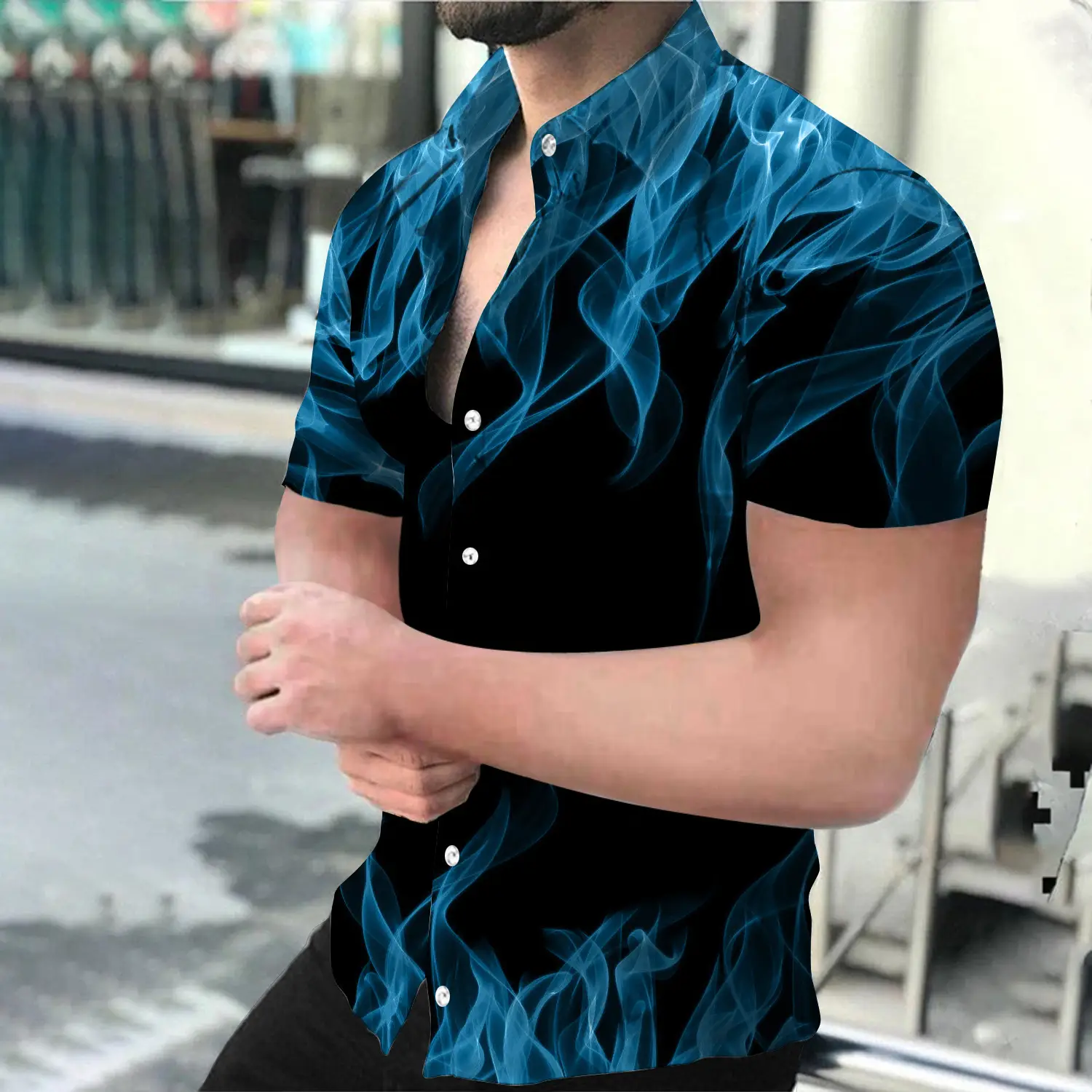 Men Black Flame Short Sleeve Shirt Large - Image 2