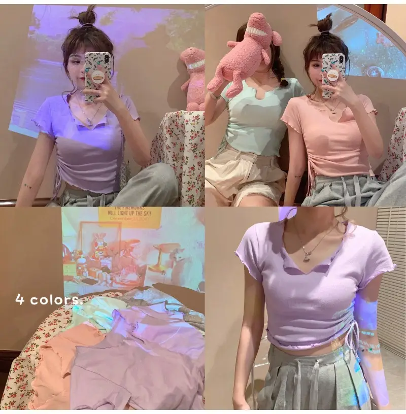 Women V-Neck Drawstring Top 2025 Summer Light Purple — feature 2