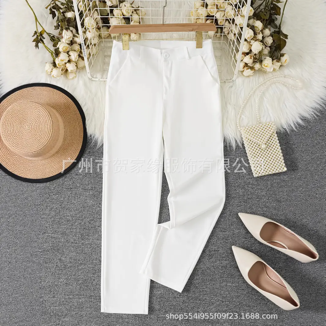 Women Cropped High Waist Elastic Slimming Pants White 2025 - Image 3