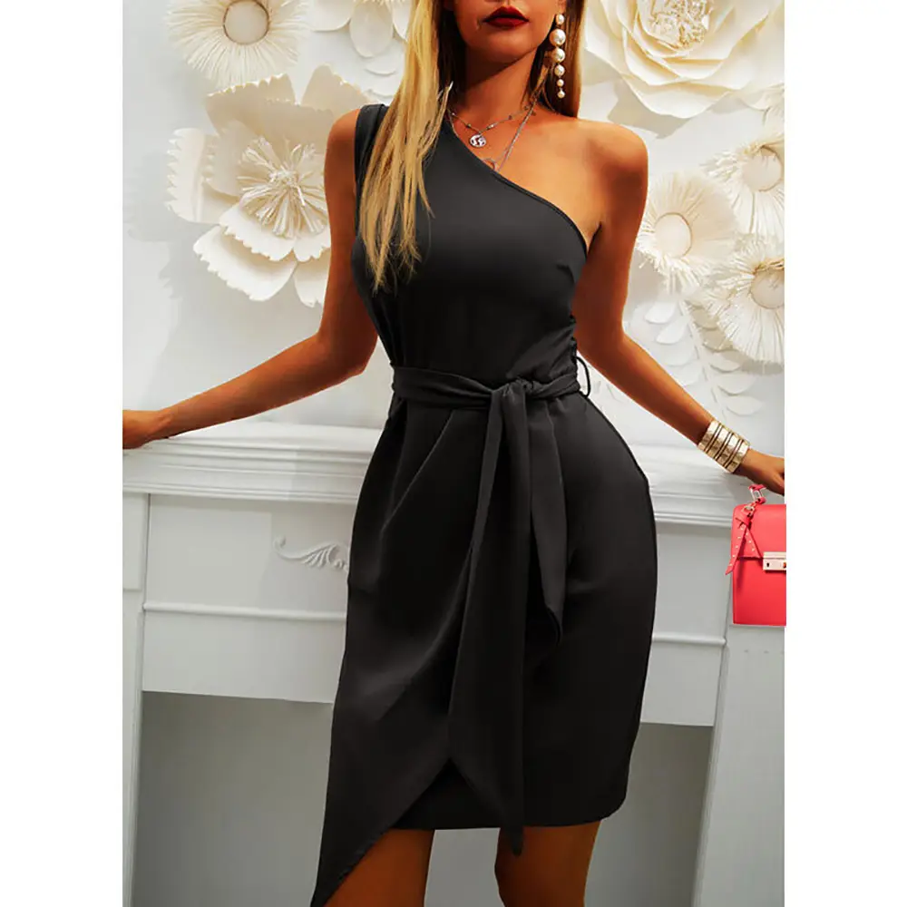 Women's Purple Oblique Shoulder Waist-Tight Dress — feature 8