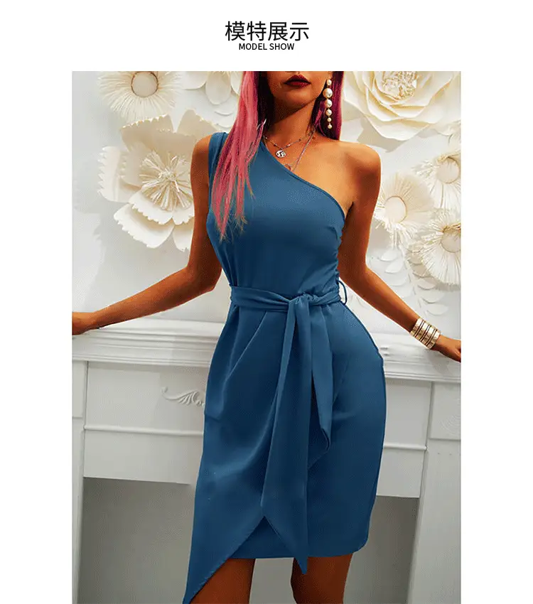 Women's Purple Oblique Shoulder Waist-Tight Dress — feature 4