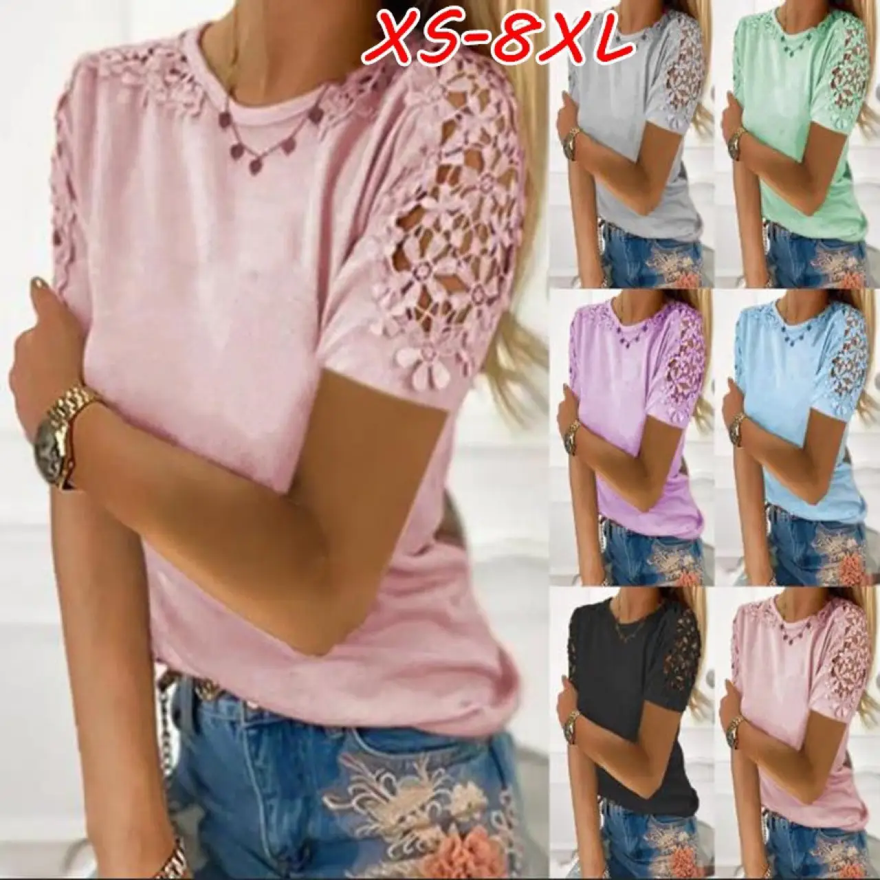 White Lace Short Sleeve T-Shirt for Women - Image 15