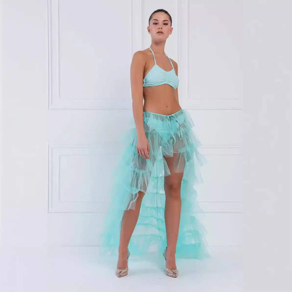 Elegant Mesh Pleated High Waist Skirt Light Blue