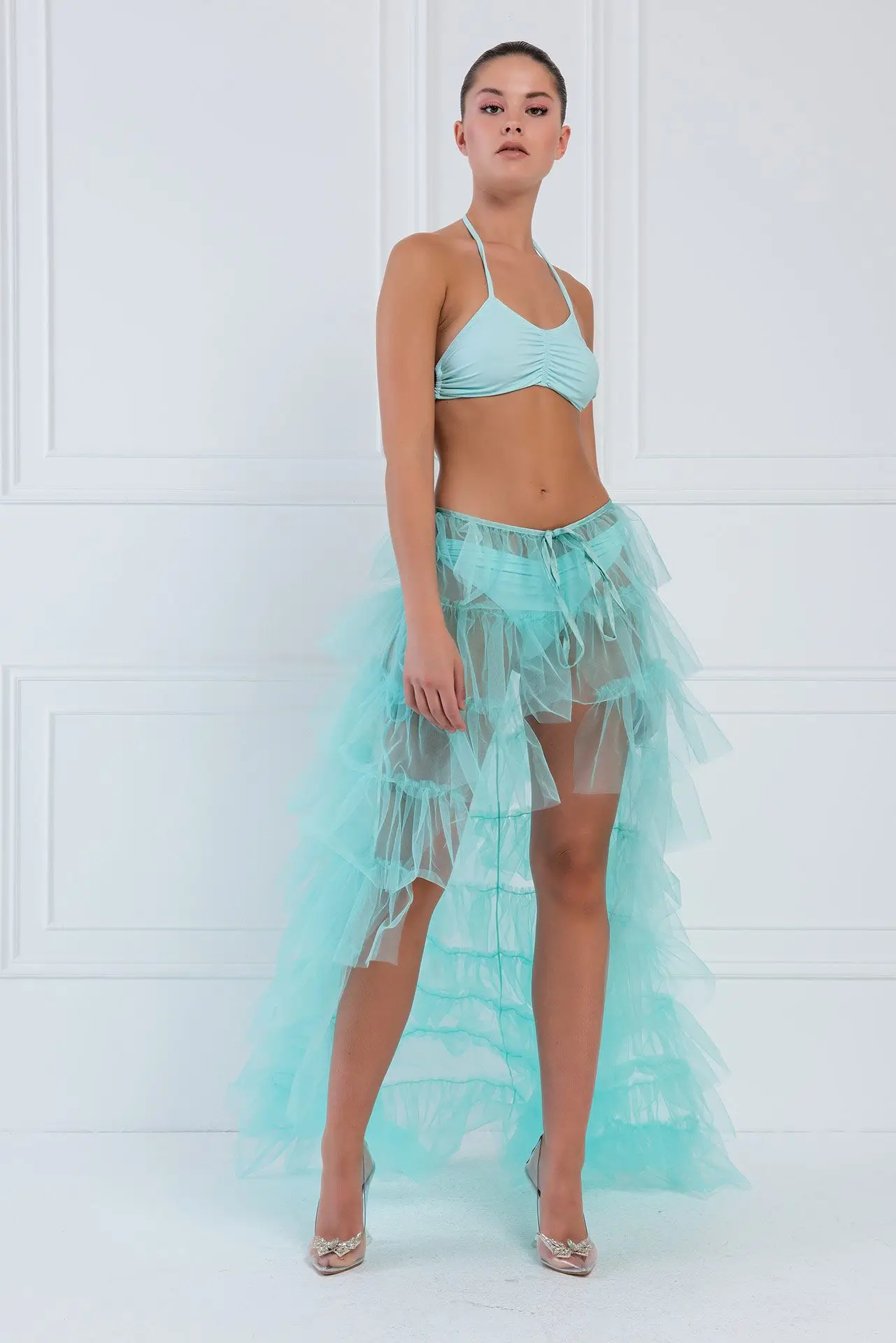 Elegant Mesh Pleated High Waist Skirt Light Blue