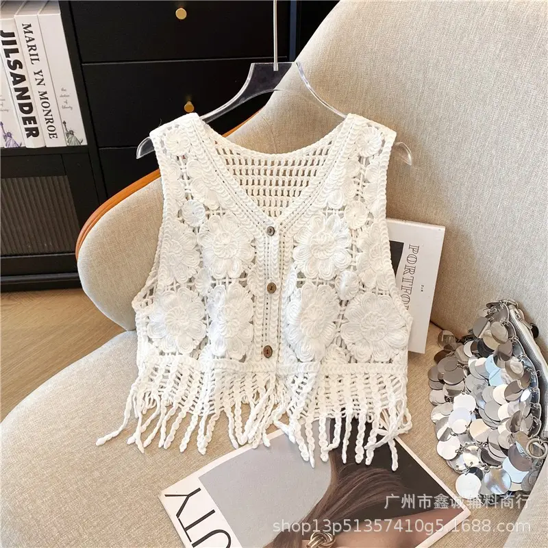 Women's Summer Crochet Lace V-neck Shirt - Image 19