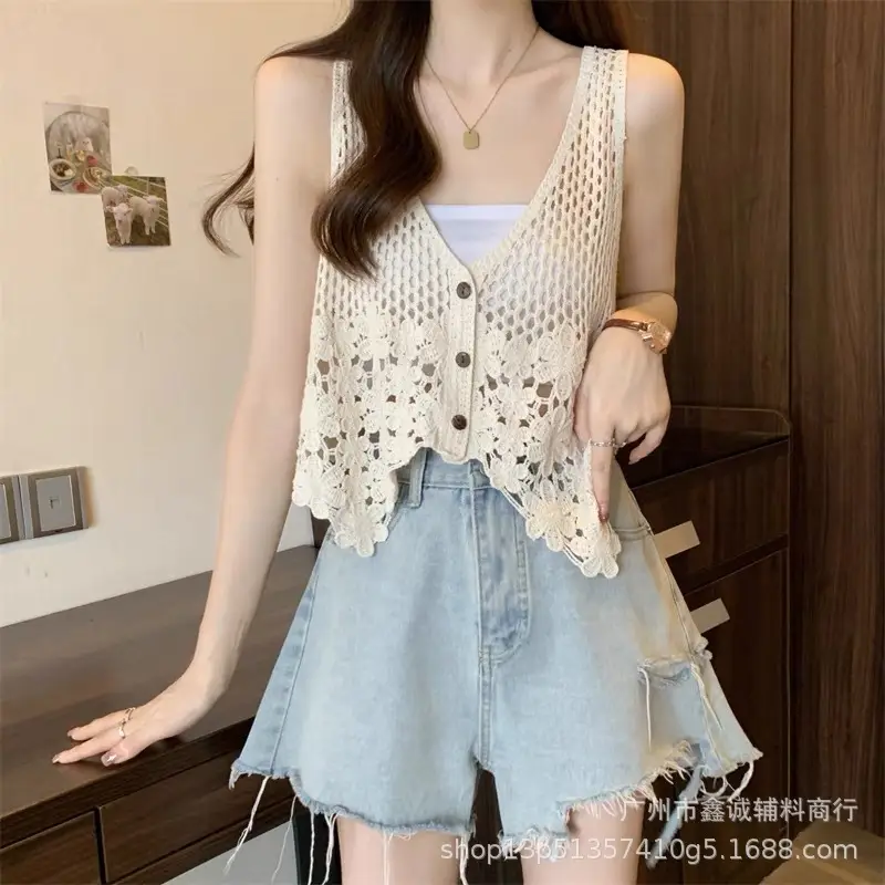 Women's Summer Crochet Lace V-neck Shirt - Image 27