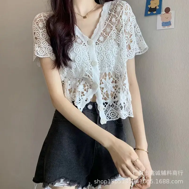 Women's Summer Crochet Lace V-neck Shirt - Image 3