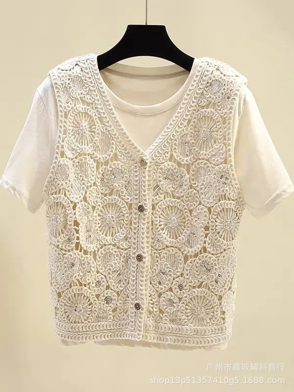 Women's Summer Crochet Lace V-neck Shirt - Image 31