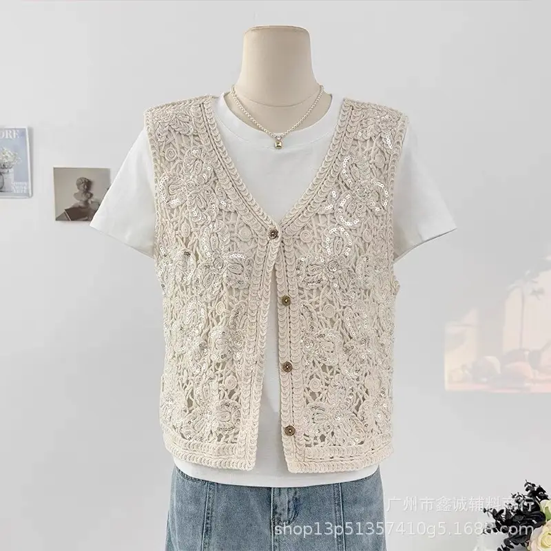 Women's Summer Crochet Lace V-neck Shirt - Image 33