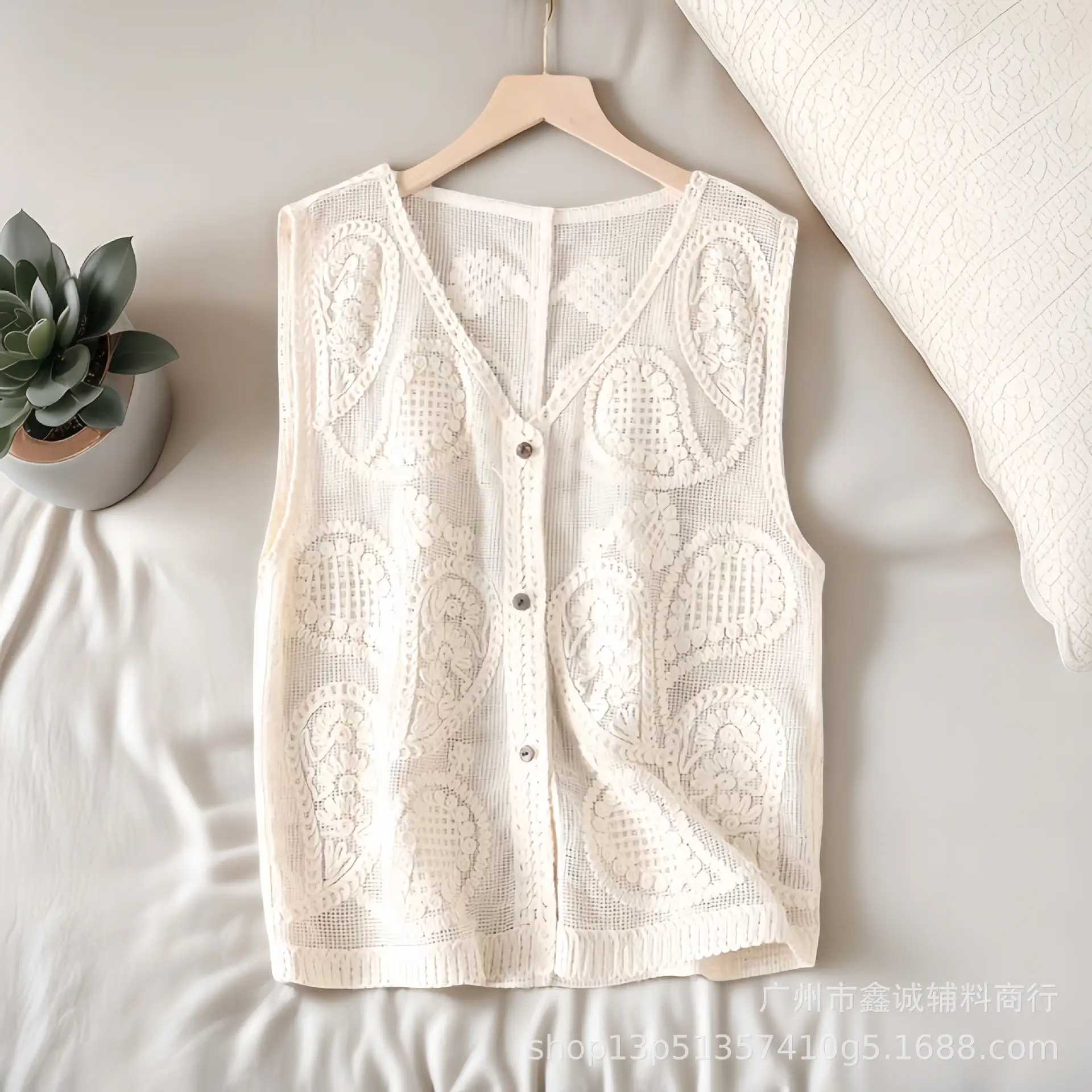 Women's Summer Crochet Lace V-neck Shirt - Image 35