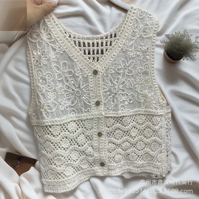 Women's Summer Crochet Lace V-neck Shirt - Image 39