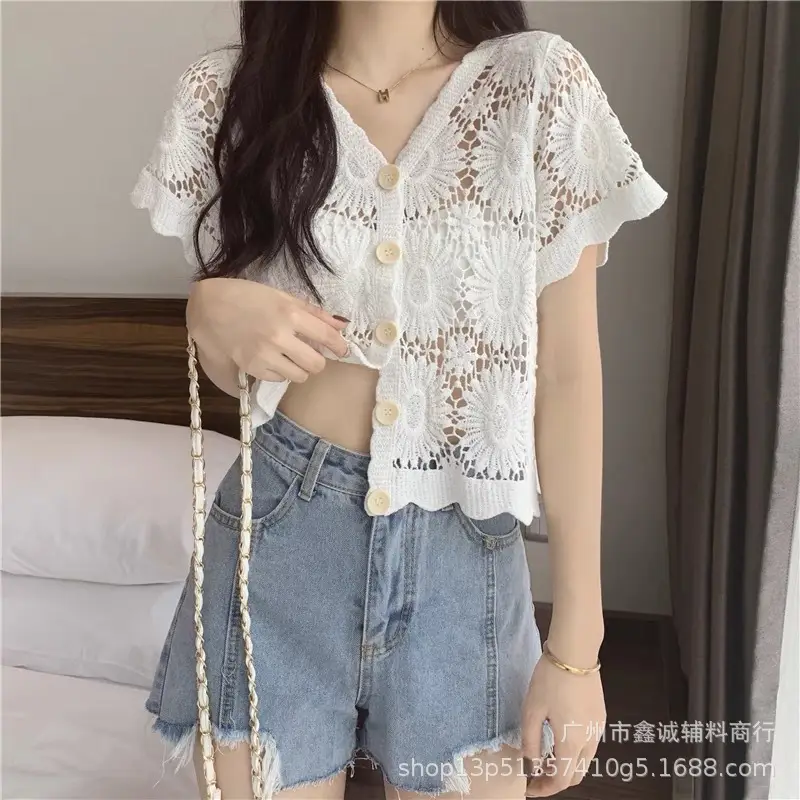 Women's Summer Crochet Lace V-neck Shirt - Image 5