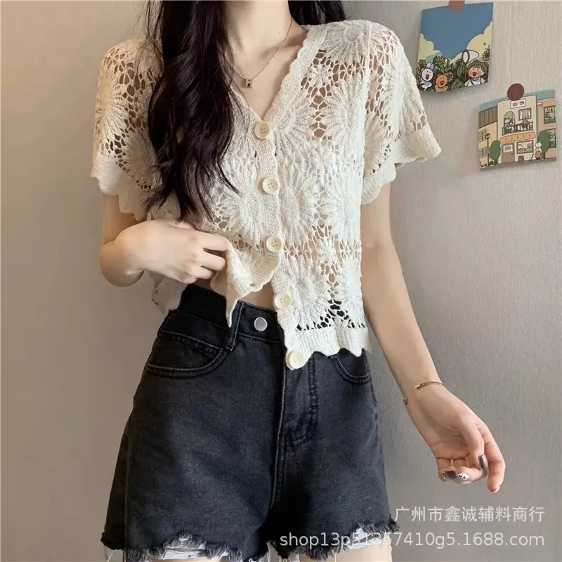 Women's Summer Crochet Lace V-neck Shirt - Image 6