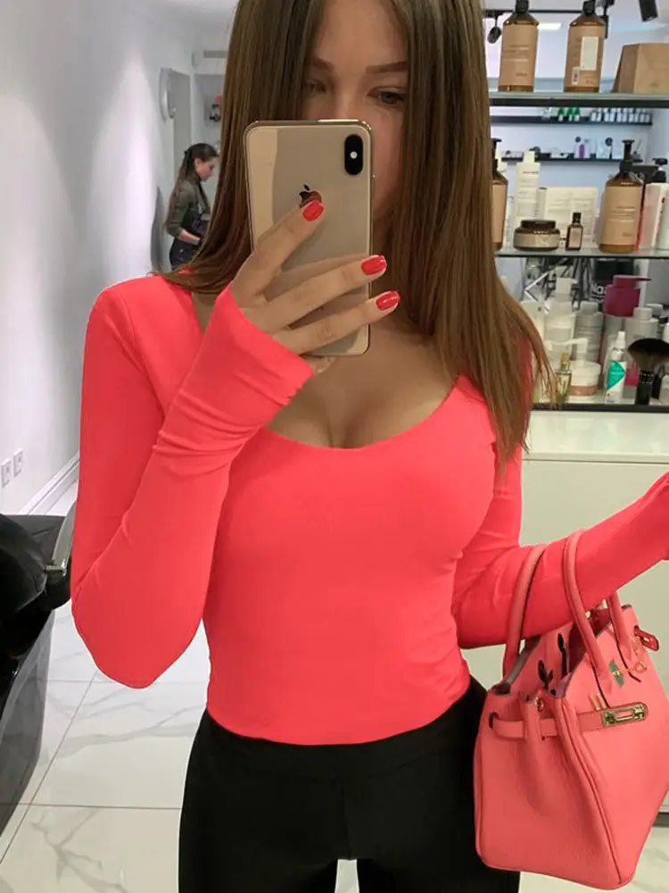 2019 Women Low-cut Long Sleeve T-Shirt Solid Color - Image 2