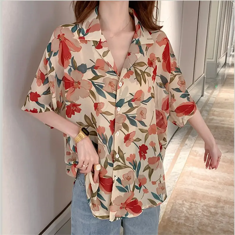Women Printed Chiffon Shirt Floral Red Green Summer Wear