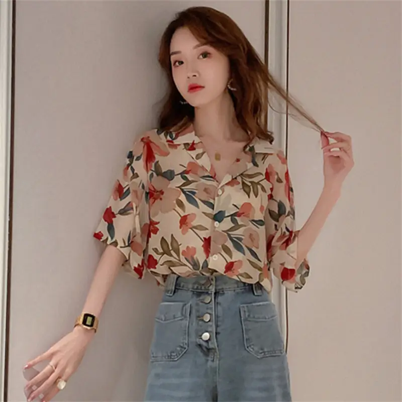 Women Printed Chiffon Shirt Floral Red Green Summer Wear