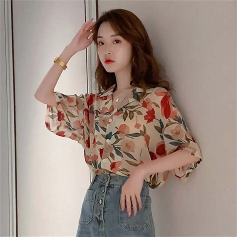 Women Printed Chiffon Shirt Floral Red Green Summer Wear