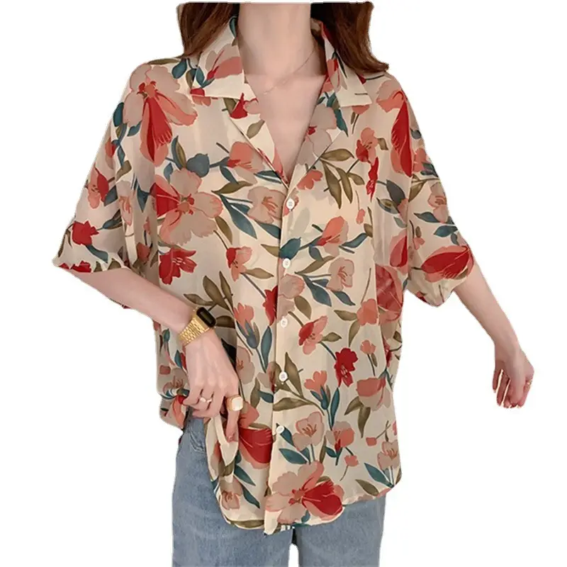 Women Printed Chiffon Shirt Floral Red Green Summer Wear