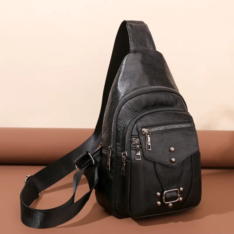 Women's Black PU Leather Textured Chest Bag with Adjustable Strap - Image 5