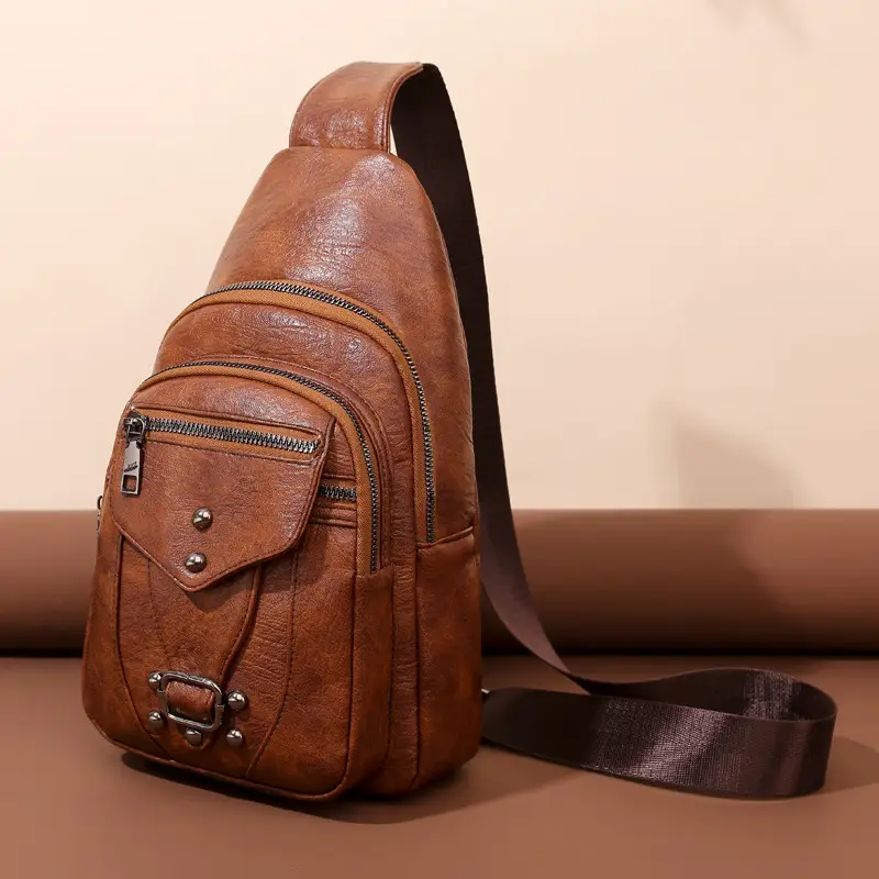 Women's Black PU Leather Textured Chest Bag with Adjustable Strap - Image 6