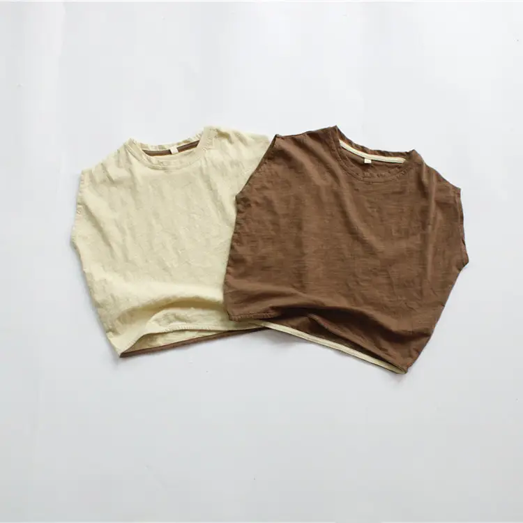 New Kidsren's T-Shirt Bamboo Cotton Sleeveless Brown Beige - Image 3