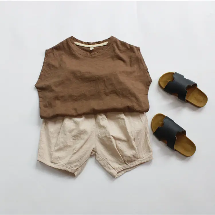 New Kidsren's T-Shirt Bamboo Cotton Sleeveless Brown Beige - Image 2
