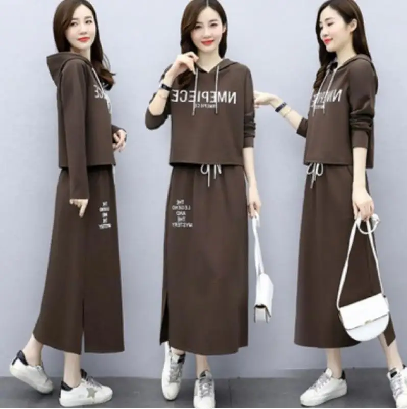 Women's Hooded Long Sleeve Suit Brown Black Blue Long Skirt Set - Image 7