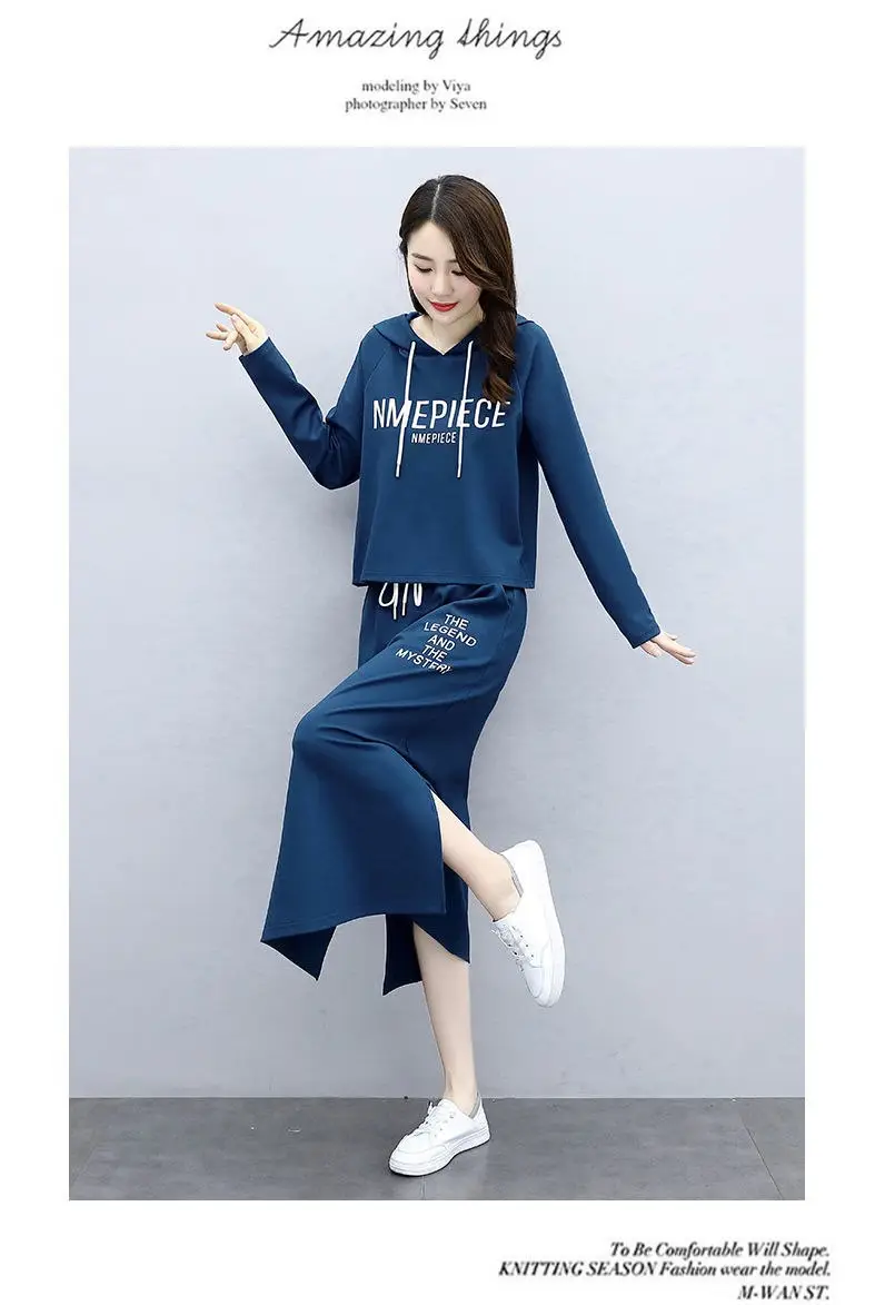 Women's Hooded Long Sleeve Suit Brown Black Blue Long Skirt Set — feature 11