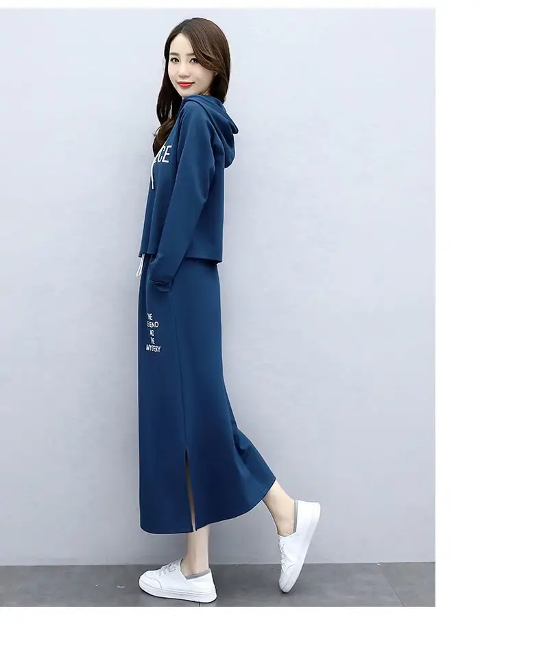 Women's Hooded Long Sleeve Suit Brown Black Blue Long Skirt Set — feature 13