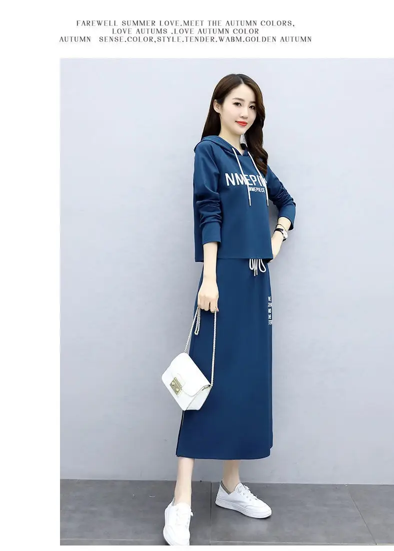 Women's Hooded Long Sleeve Suit Brown Black Blue Long Skirt Set — feature 14