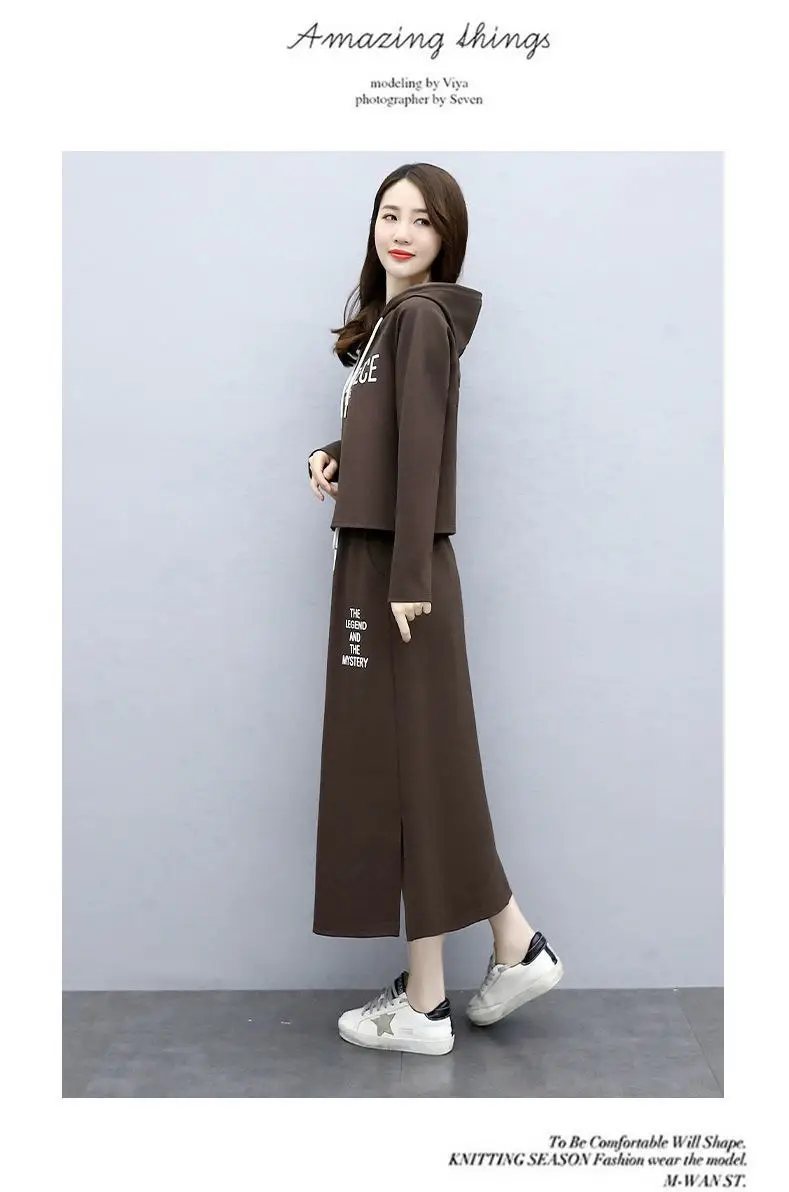 Women's Hooded Long Sleeve Suit Brown Black Blue Long Skirt Set — feature 18