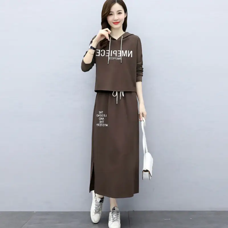 Women's Hooded Long Sleeve Suit Brown Black Blue Long Skirt Set - Image 2