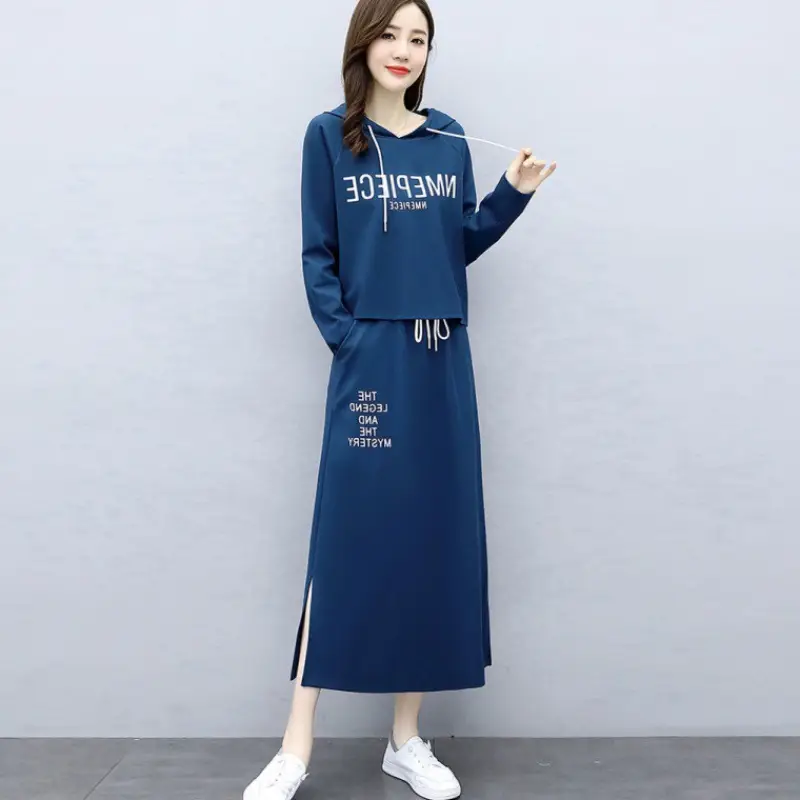 Women's Hooded Long Sleeve Suit Brown Black Blue Long Skirt Set - Image 3