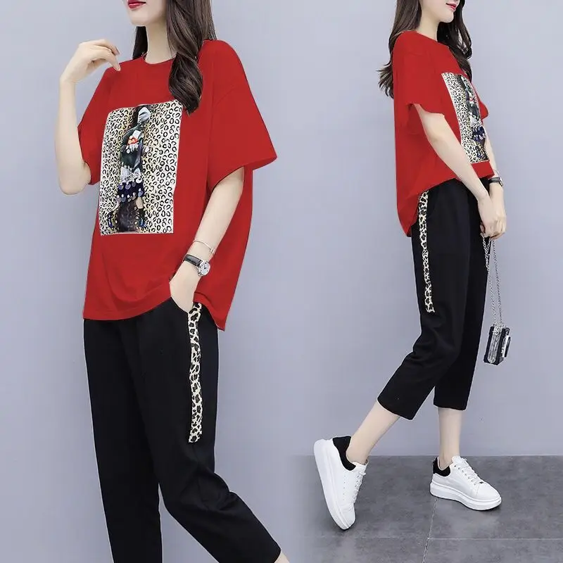 Women Red Graphic Track Suit Summer Set - Image 7