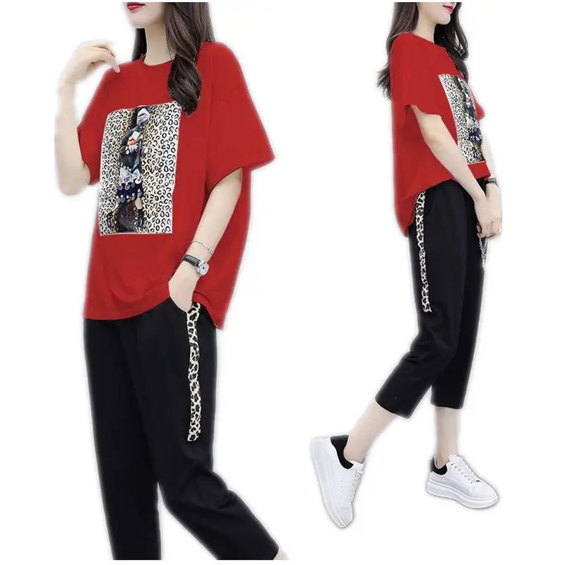 Women Red Graphic Track Suit Summer Set - Image 9